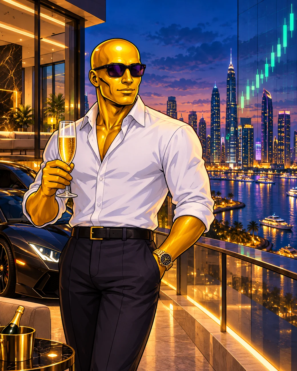The Golden Man in sunglasses overlooking a luxurious city skyline