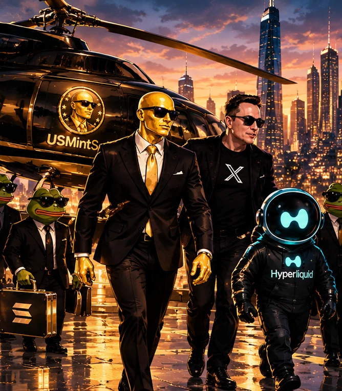 Golden Man arriving in the city alongside an entrepreneur, mascot robot and Pepe
