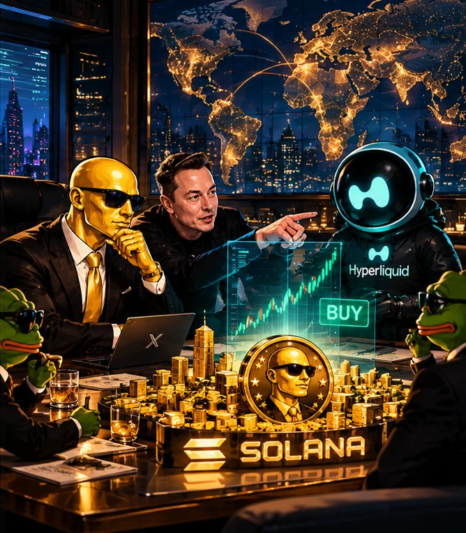 Golden Man, entrepreneur, Pepe and robot in a fictional market strategy meeting