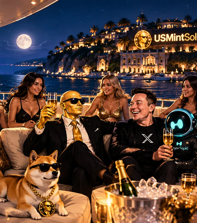 Golden Man, guests, Doge and robot celebrating aboard a moonlit yacht