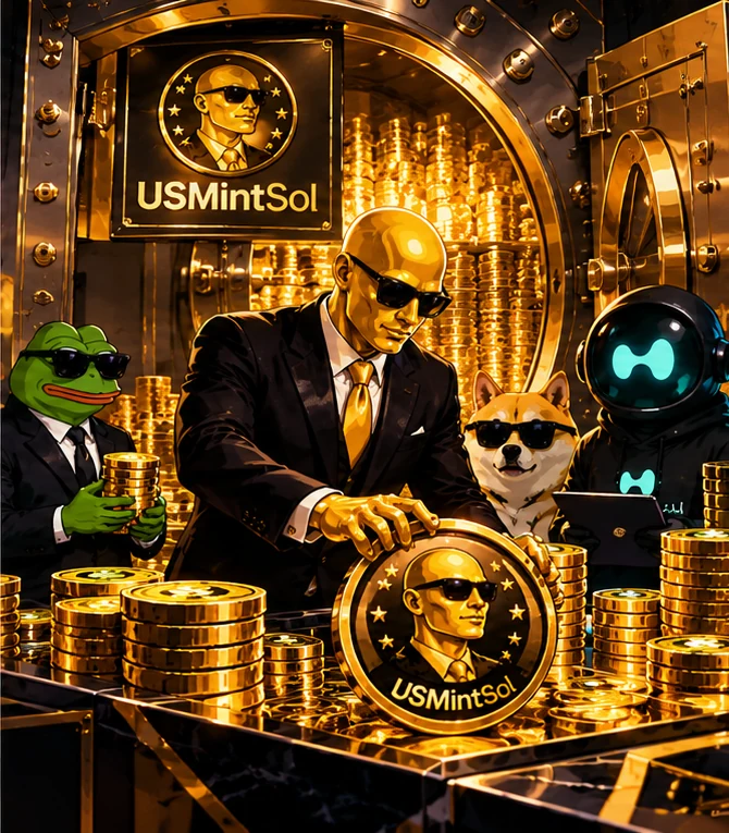 Fictional Golden Man opening a luxurious gold vault with Doge, Pepe and a robot